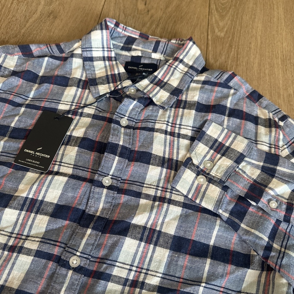Daniel Hechter Men's Linen Blend Plaid LS Button Shirt Blue Size X-Large NEW